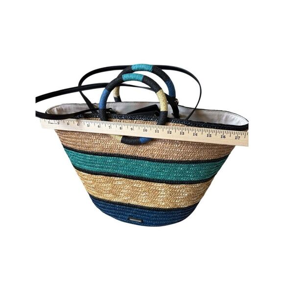 Rebecca Minkoff Woven Straw Tote Shoulder Bag Tan Blue Teal - Picture 10 of 15